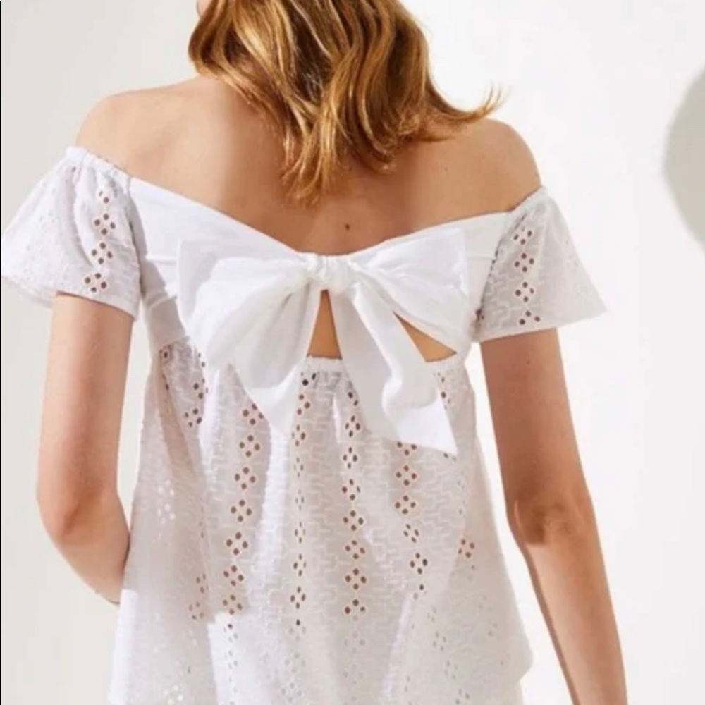 NWT LOFT Back Bow Smoked White Eyelet Top XS